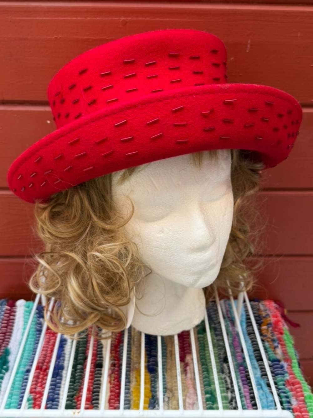 Scala Red Felt Fedora Hat beaded detail festive holiday Christmas